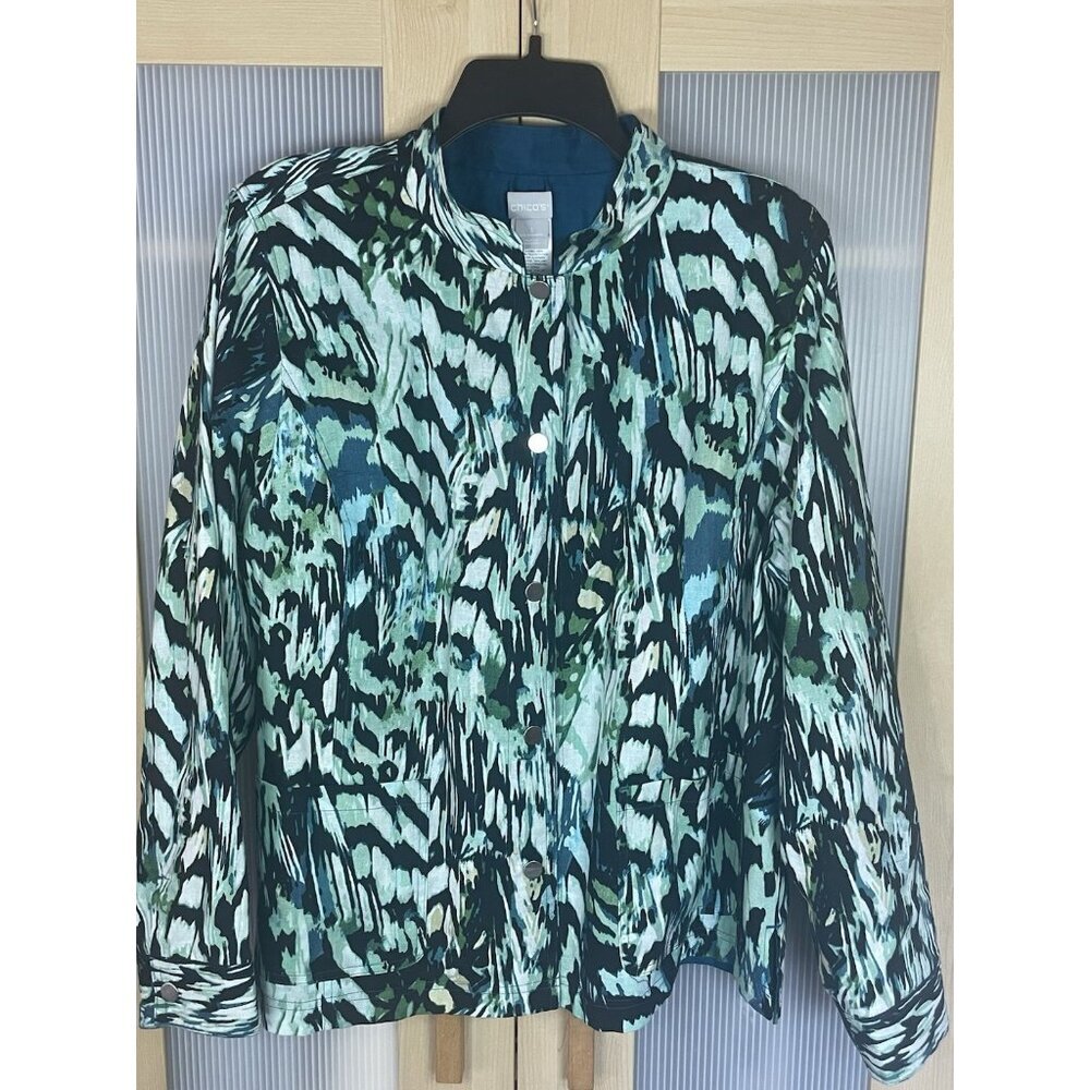 Chico's Reversible Blue Floral Jacket Sz 3 XL Women's Linen Casual Career Travel